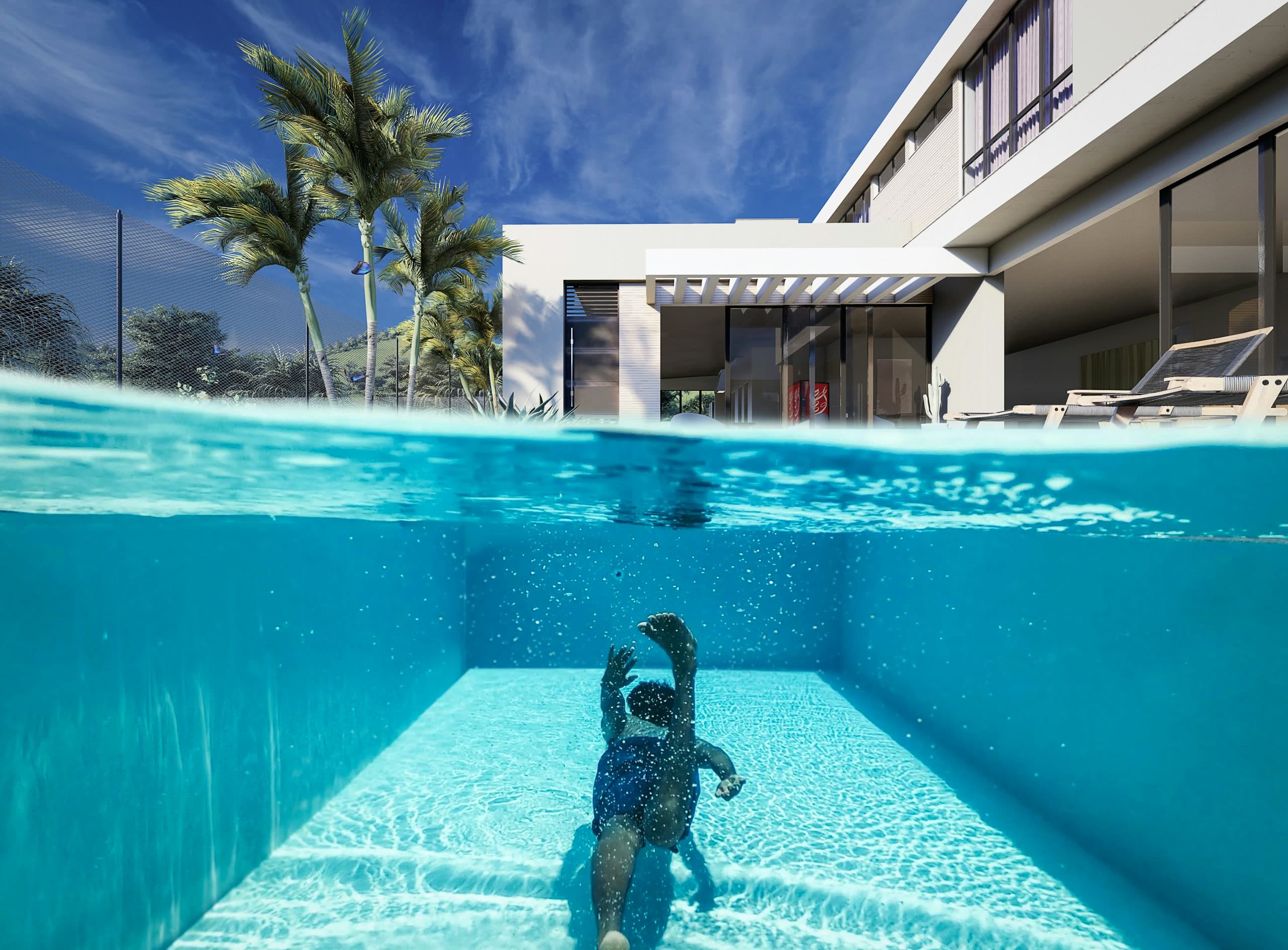 A child swimming in the pool of a modern villa framed by palms and blue sky, split over- and under-water view, photo by Willian Reis on Unsplash